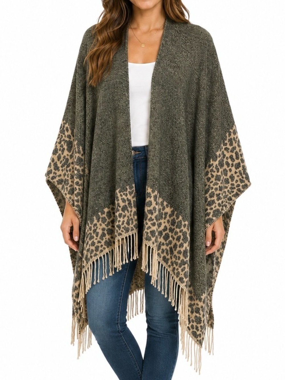 APT. 9 Gray Leopard Print Fringe Open Front Ruana Poncho Wrap One Size